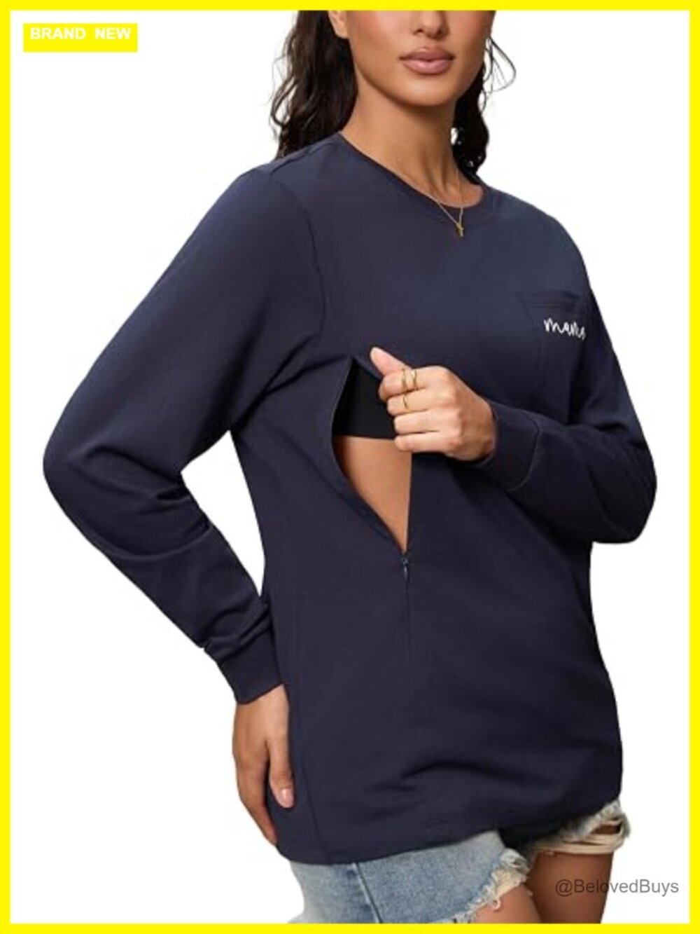 Nursing Shirt Breastfeeding Maternity Tops Zip Long Sleeve Tee with Pocket